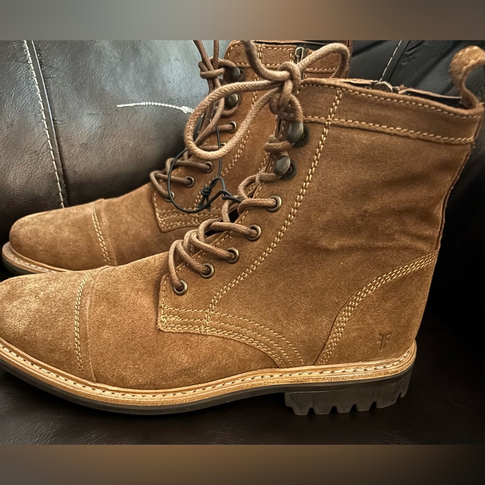 New Frye Russell Mens Side Zip Lace Up Tan Leather Suede Boots Size 10 - Picture 5 of 11